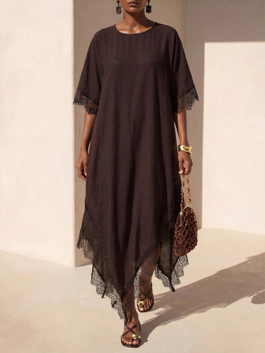 Zivah Women's Round Neck Short Sleeve Asymmetric Hem Maxi Dress Dark Brown