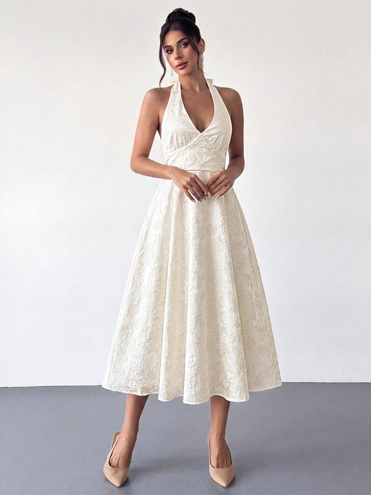 Firerie Women's Beige Apricot Jacquard Floral Backless Deep V-Neck Cinched Waist Pleated Flowy A-Line Midi Dress